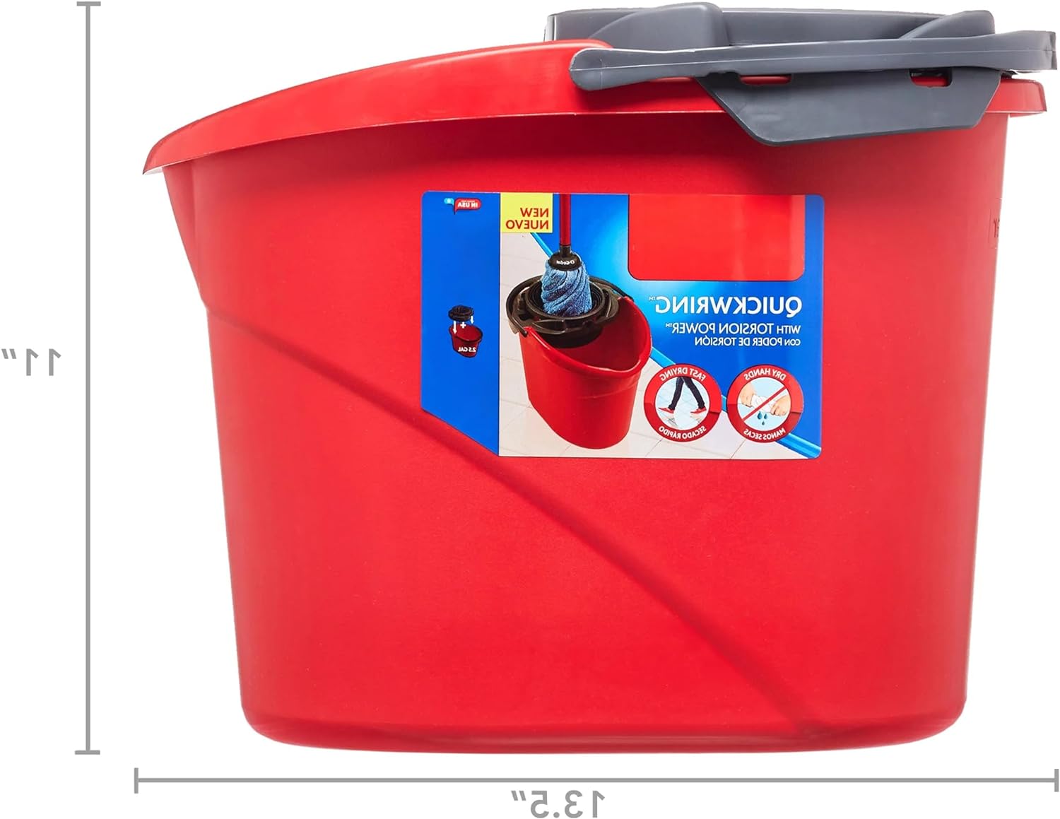 Quick Wring Bucket, 2.5 Gallon Mop Bucket with Wringer, Red