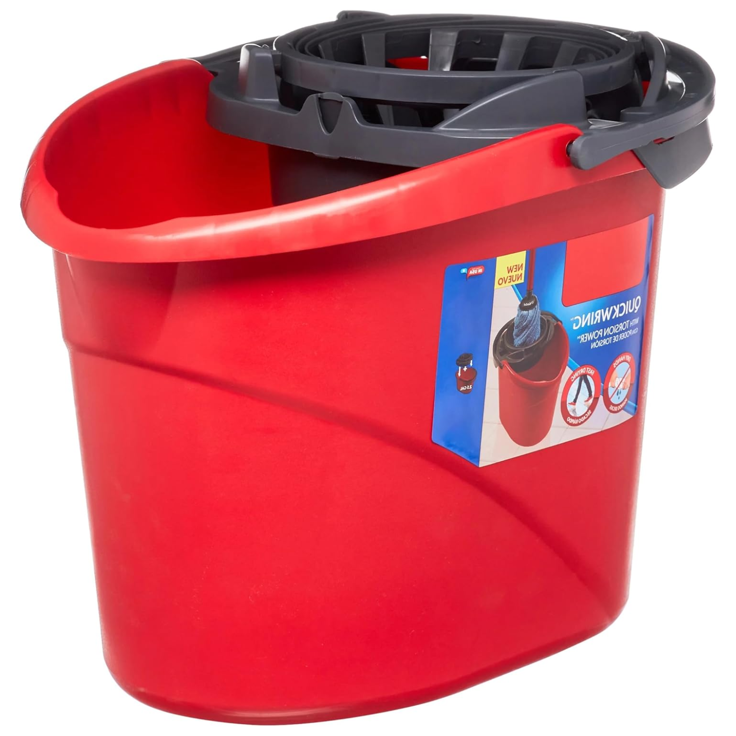 Quick Wring Bucket, 2.5 Gallon Mop Bucket with Wringer, Red